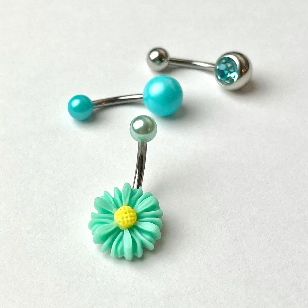 Aqua Gem Daisy Pearlescent Belly Ring Set of 3