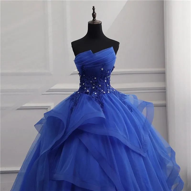 Asymmetrical Royal Blue Graduation Dresses Strapless Ball Gown