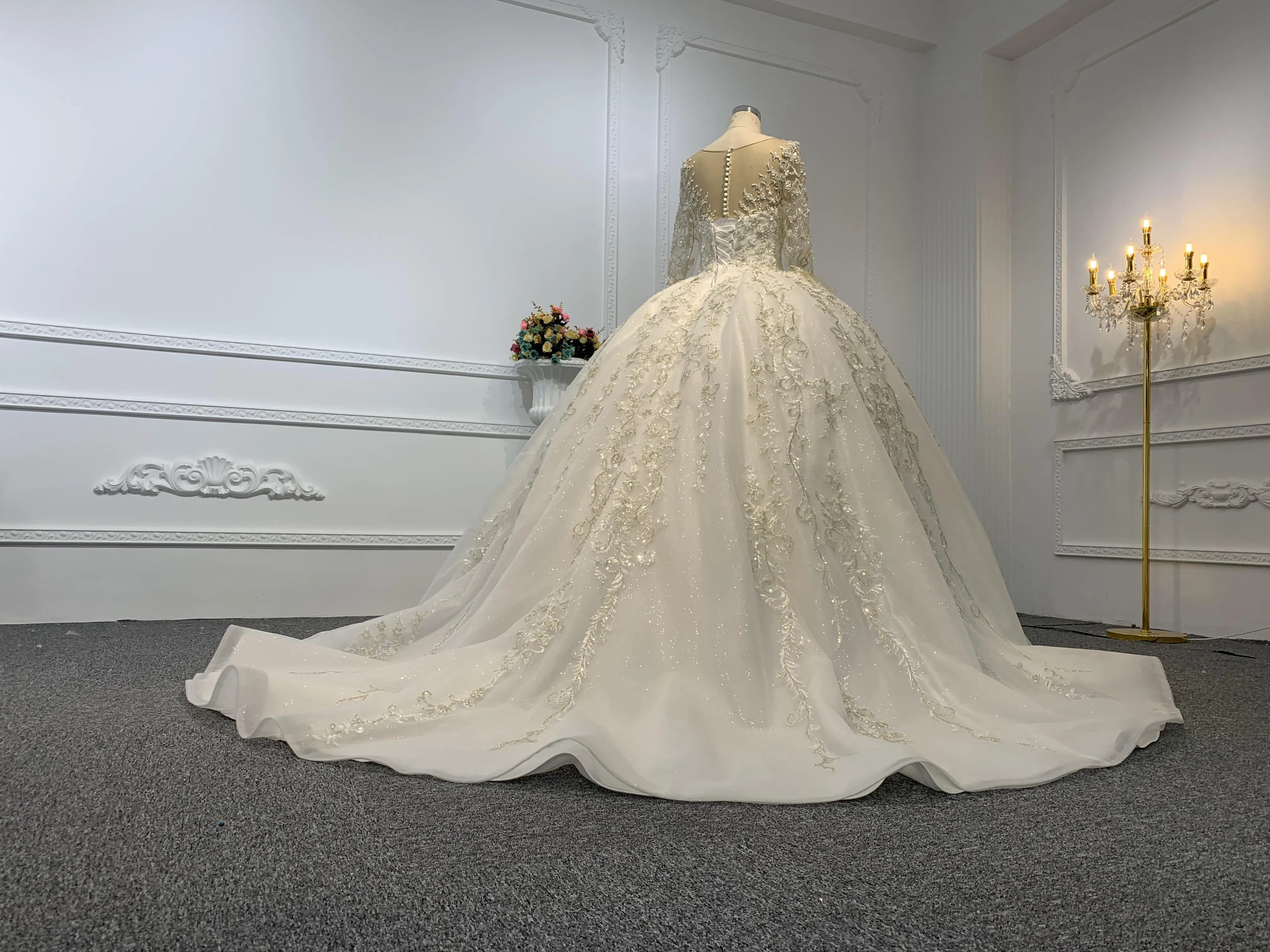 B237- BYG long sleeves elegant flower beading lace ball gown