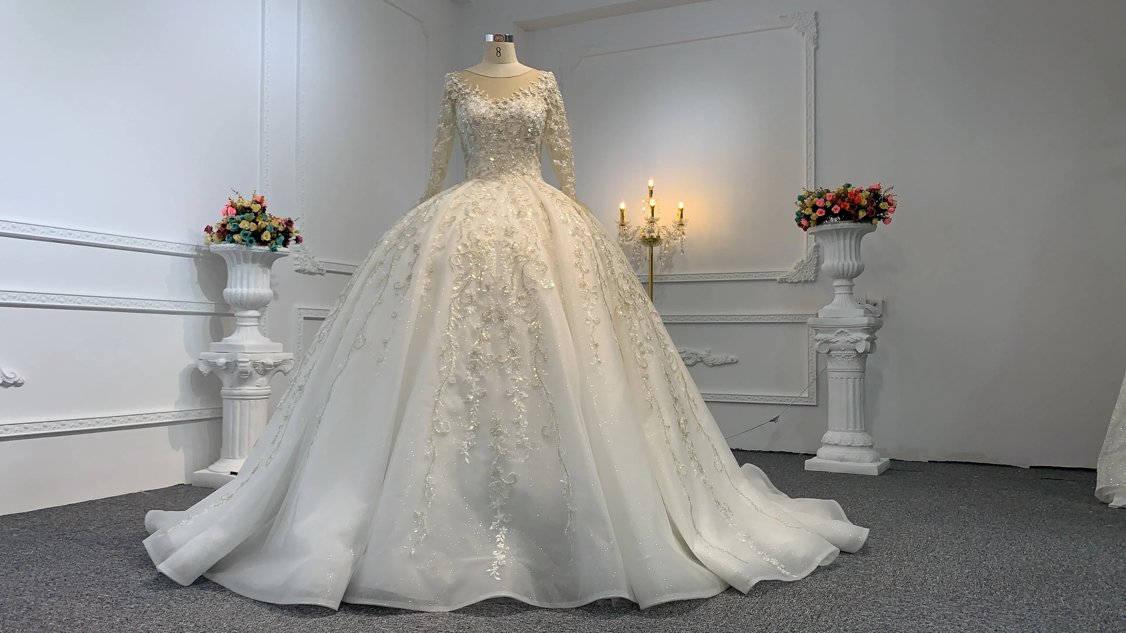 B237- BYG long sleeves elegant flower beading lace ball gown