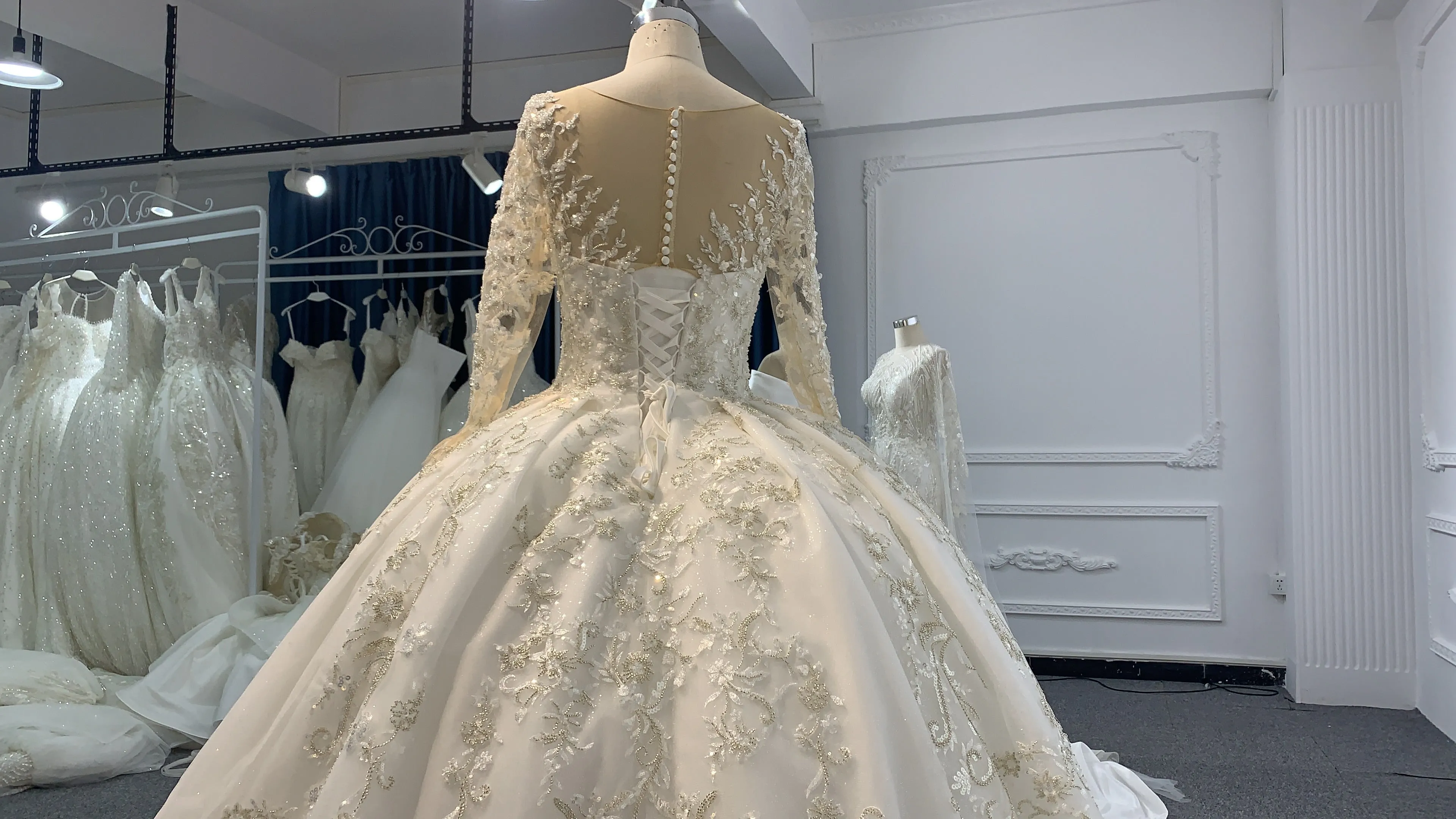 B237- BYG long sleeves elegant flower beading lace ball gown
