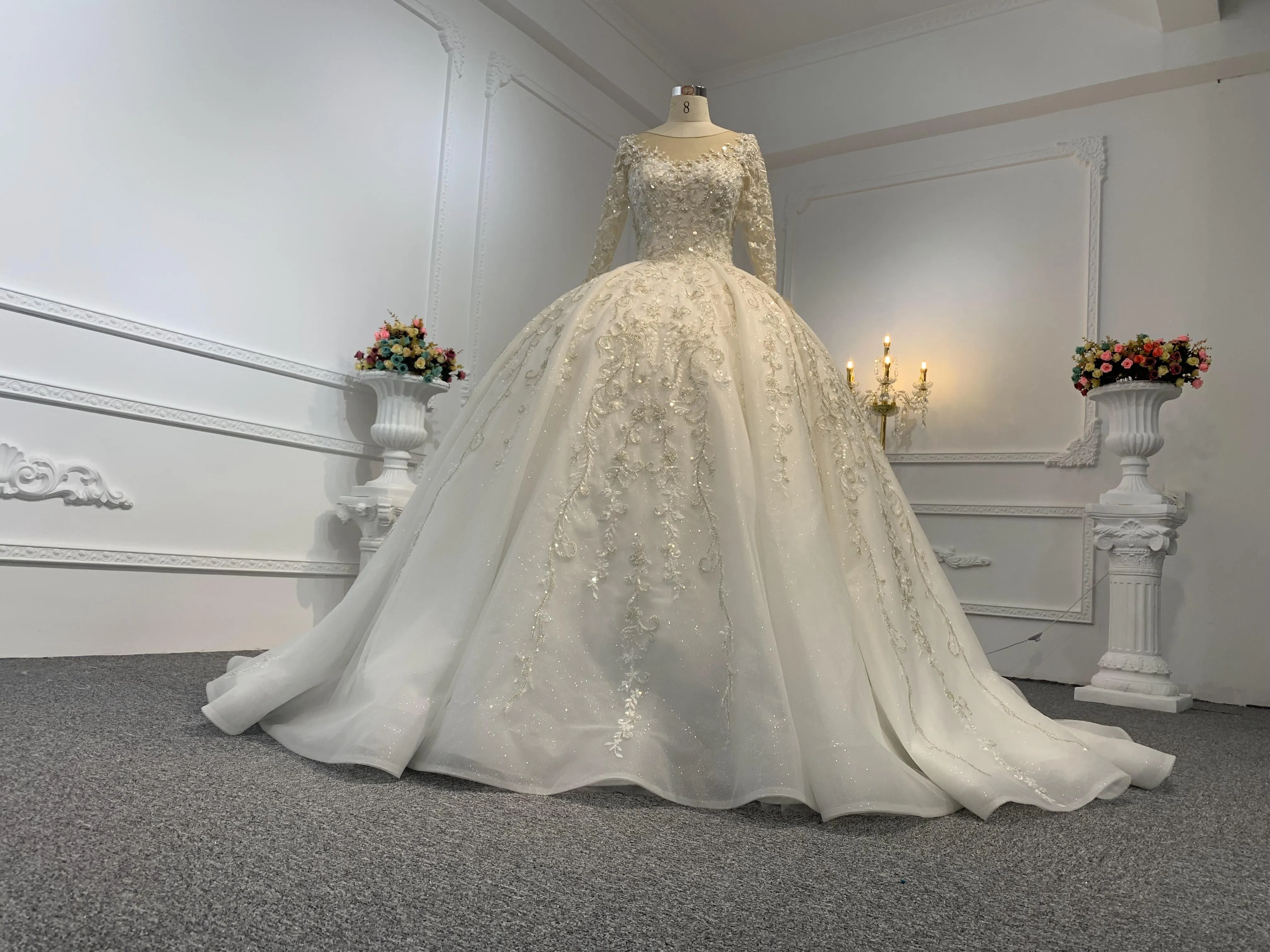 B237- BYG long sleeves elegant flower beading lace ball gown