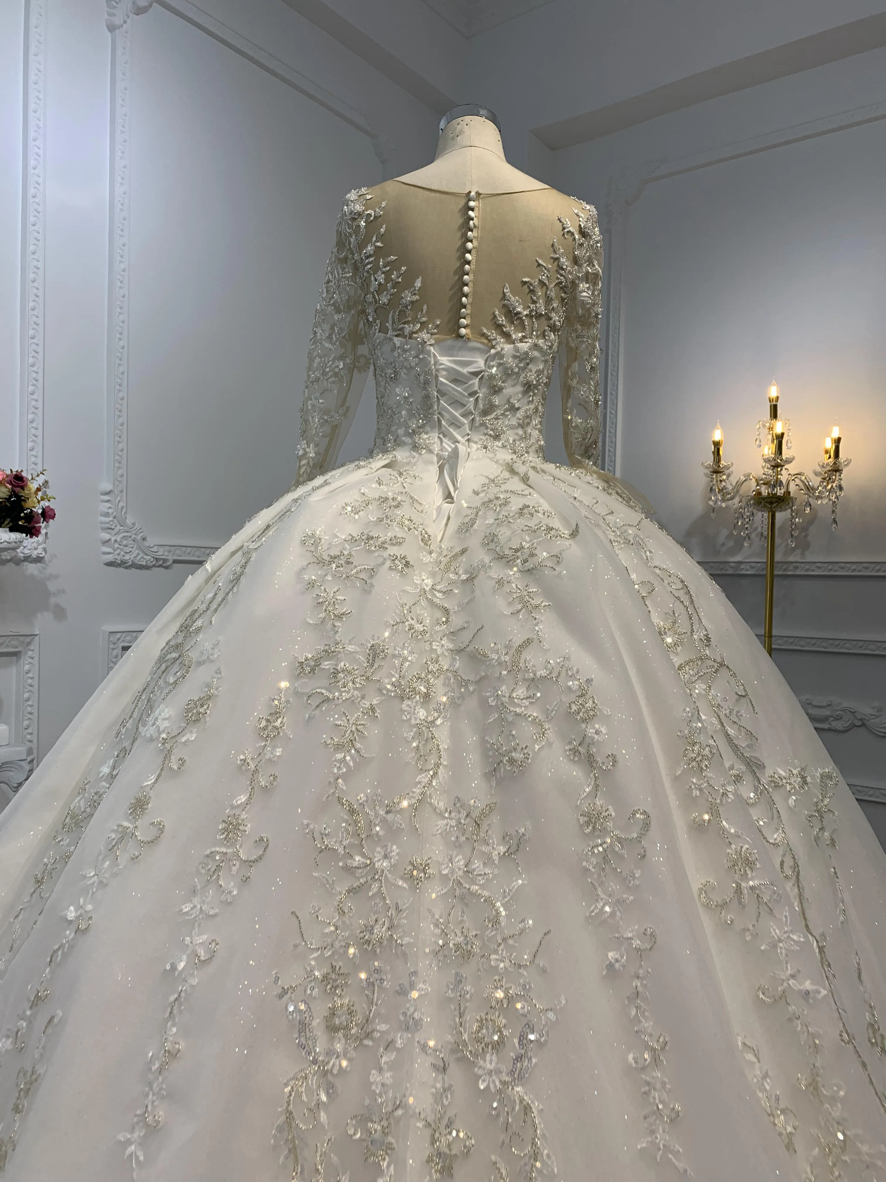 B237- BYG long sleeves elegant flower beading lace ball gown