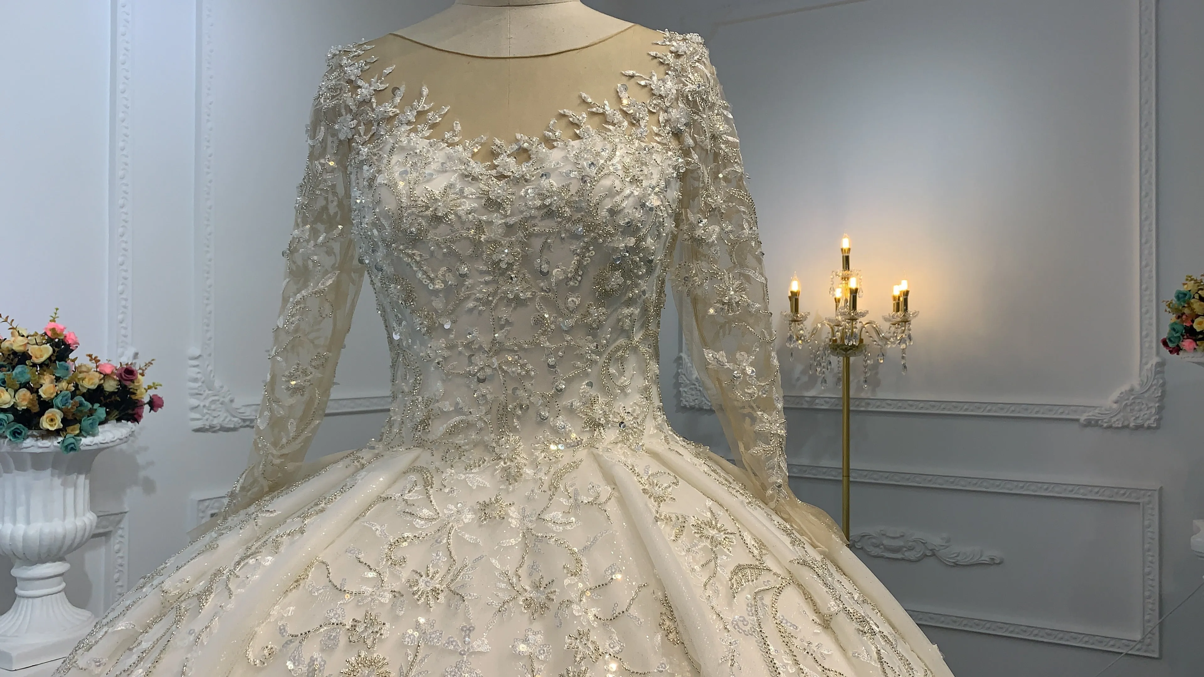 B237- BYG long sleeves elegant flower beading lace ball gown
