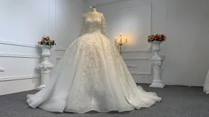 B237- BYG long sleeves elegant flower beading lace ball gown