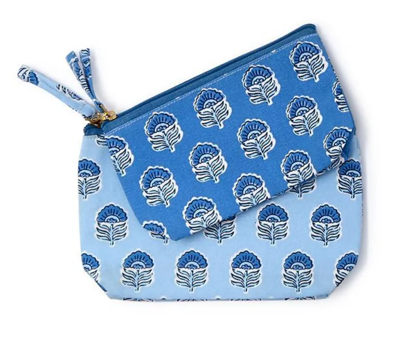 Blue Block Print Pouch Set