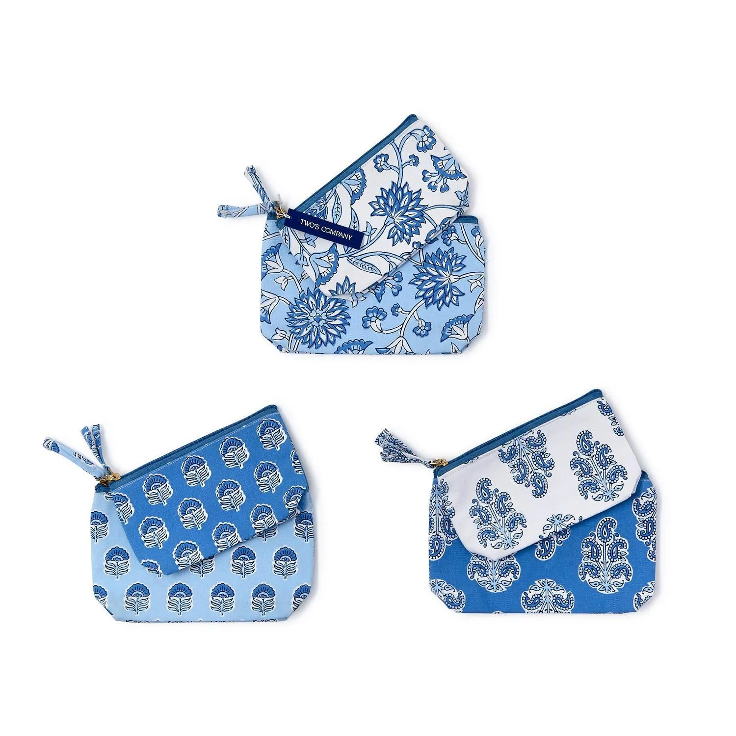 Blue Block Print Pouch Set