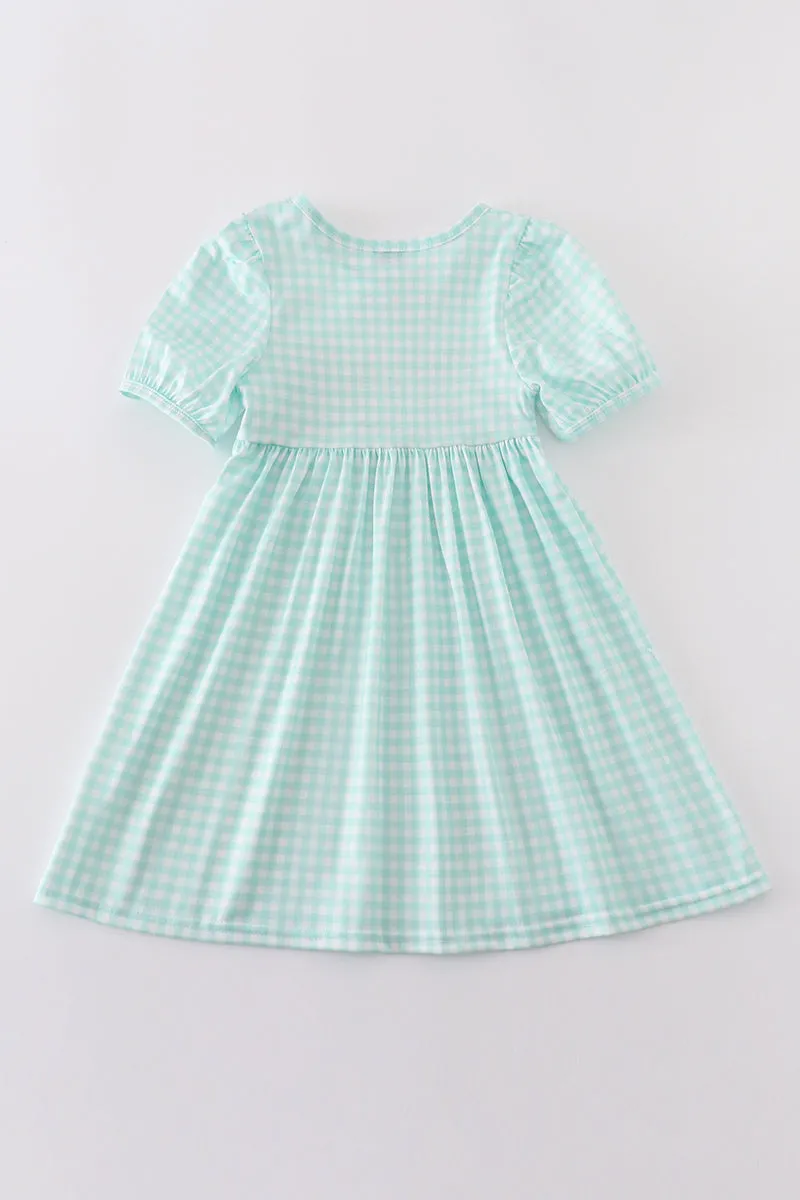 Blue Princess Embroidery Girl Gingham Dress