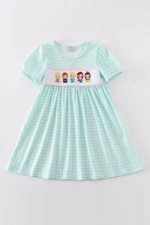 Blue Princess Embroidery Girl Gingham Dress