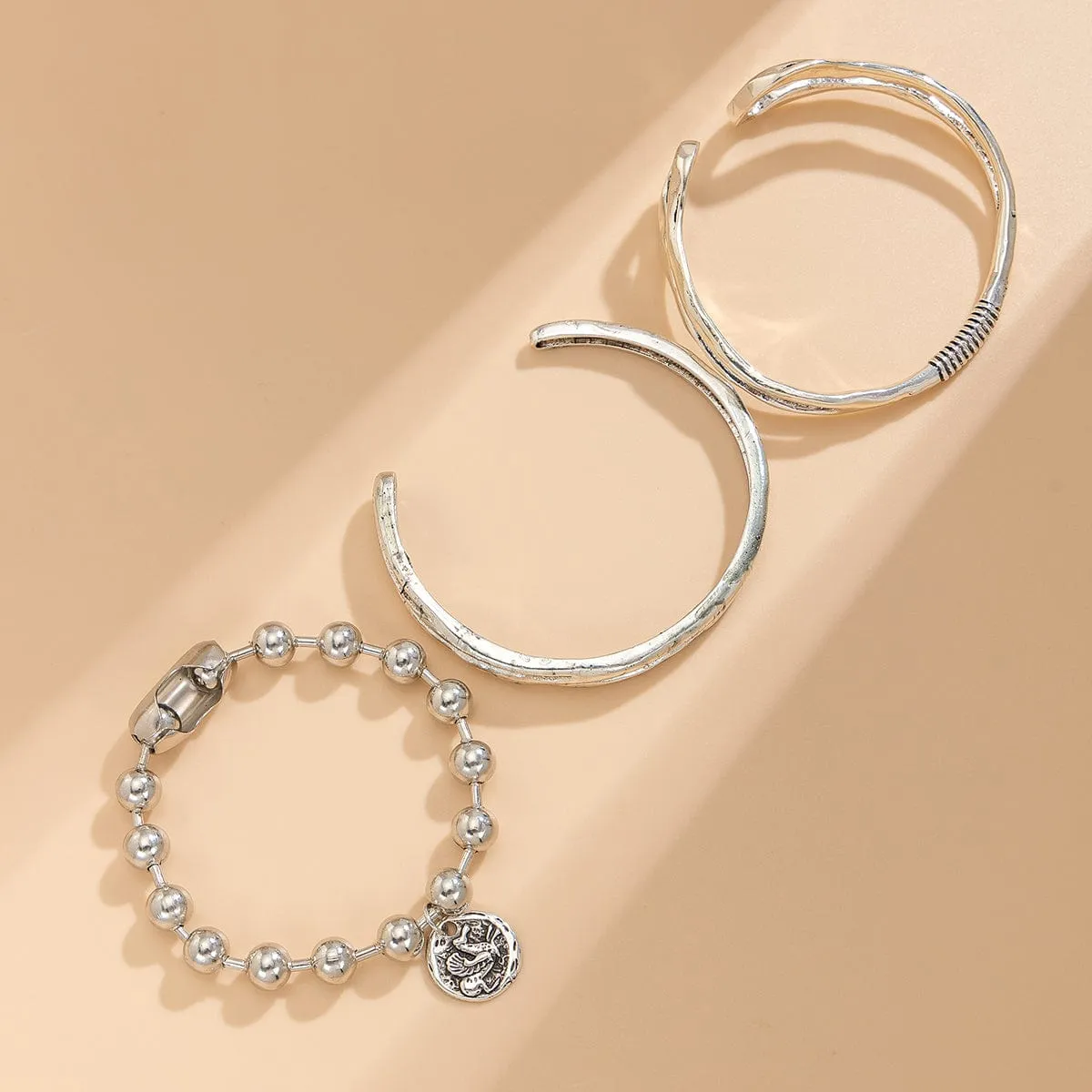Boho Relief Round Disk Charm Ball Chain Hollow Bangle Bracelet Set