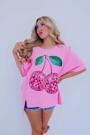 Cherry Disco Ball Sequin Embroidered Top - Pink