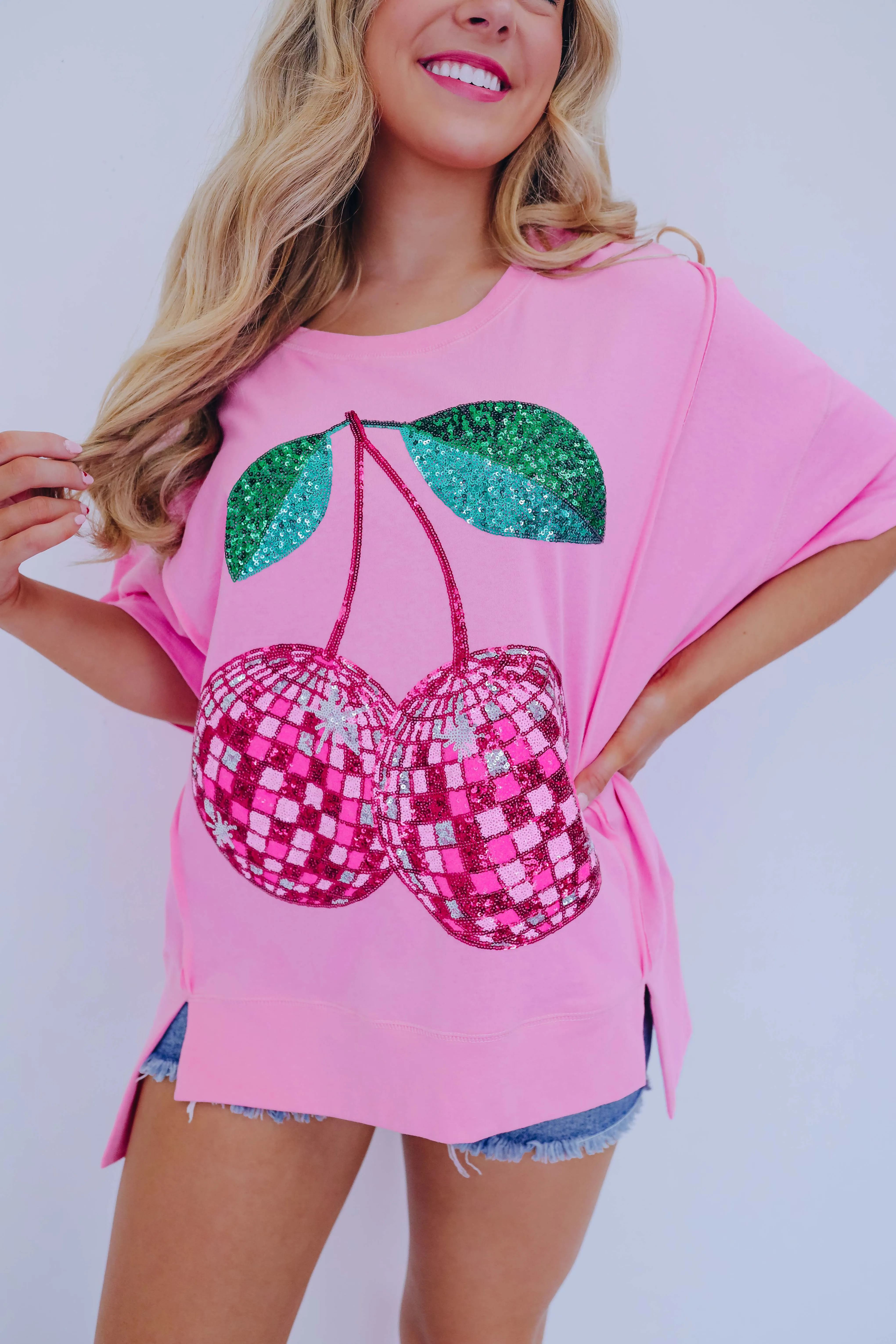 Cherry Disco Ball Sequin Embroidered Top - Pink
