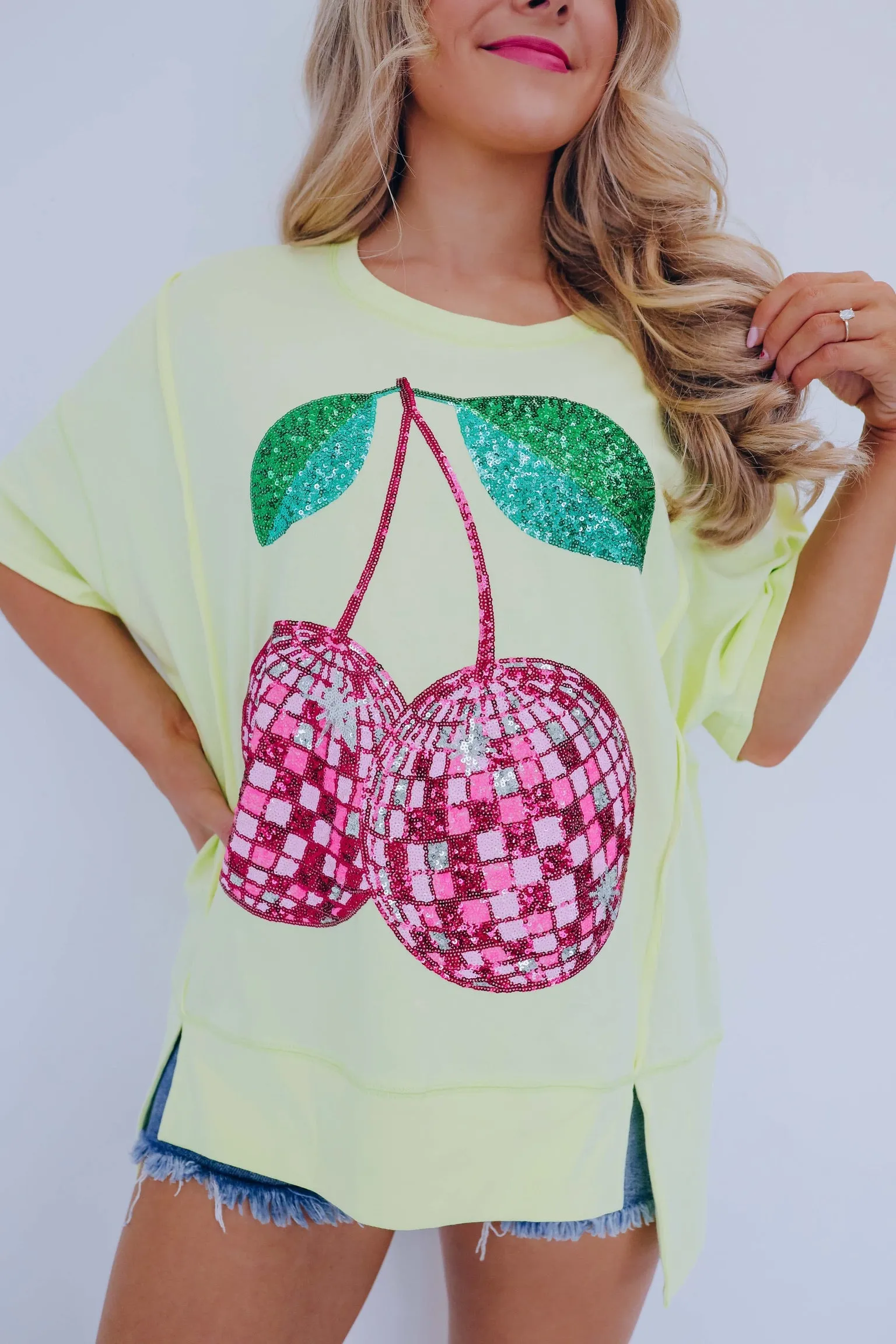 Cherry Disco Ball Sequin Embroidered Top - Yellow