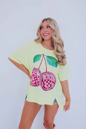 Cherry Disco Ball Sequin Embroidered Top - Yellow