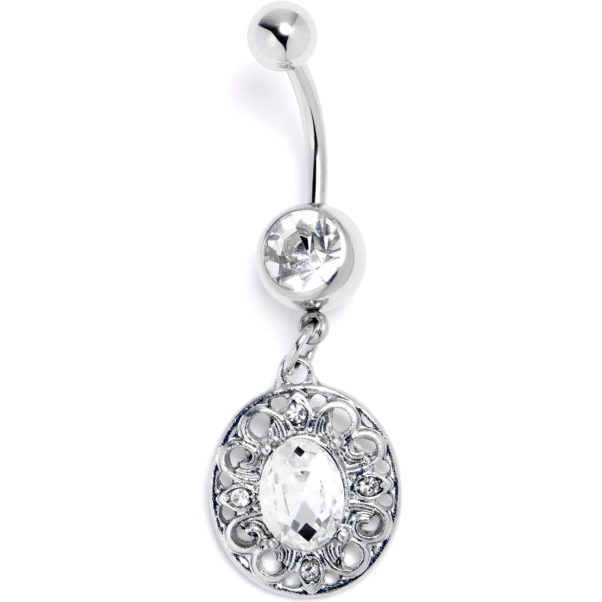 Clear Gem Flower Oval Elegance Dangle Belly Ring