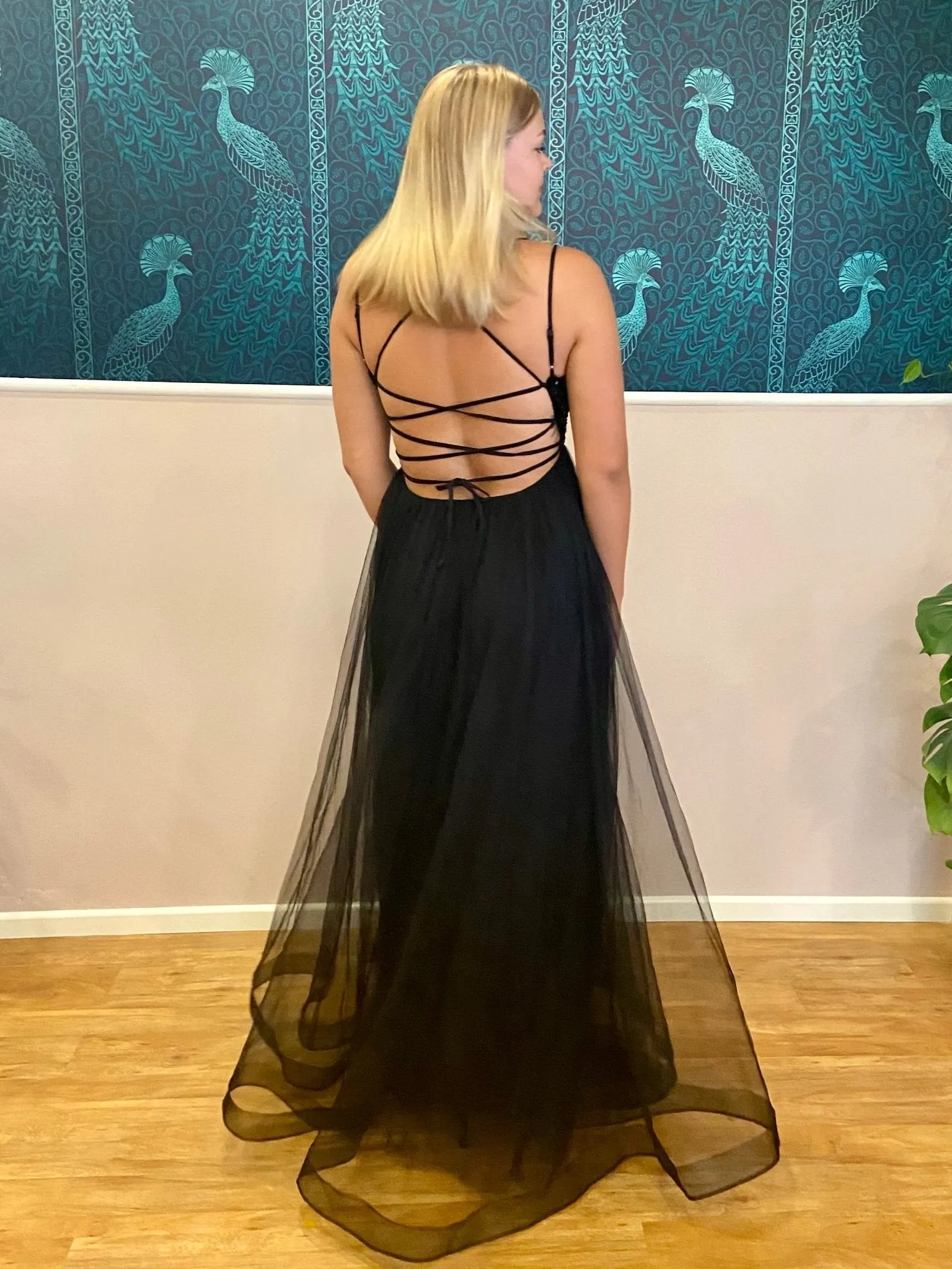 Constance strappy back ball dress in black s8-10 Express NZ wide