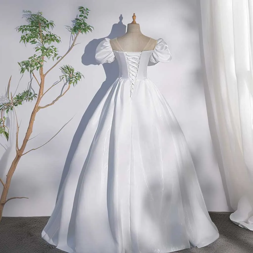 Crystal Satin Debutante Ball Gown Wedding Dress with Puff Sleeves | ET3082