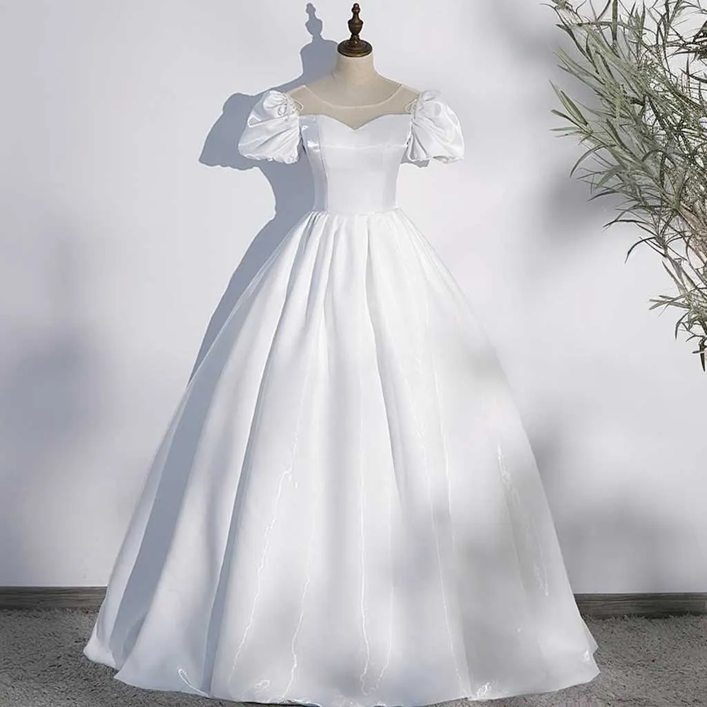Crystal Satin Debutante Ball Gown Wedding Dress with Puff Sleeves | ET3082
