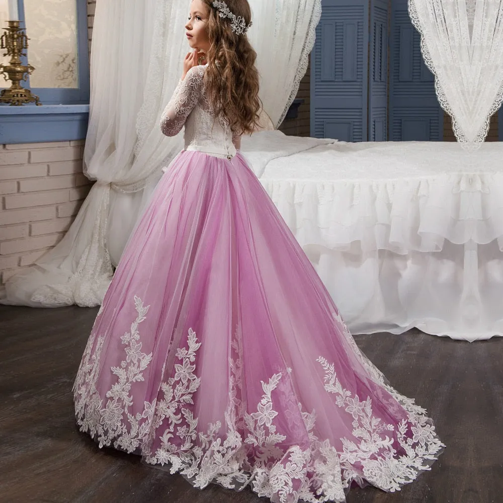 Elegant Lace Long Sleeves Flower Girl Dress With Court Train