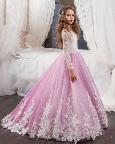 Elegant Lace Long Sleeves Flower Girl Dress With Court Train