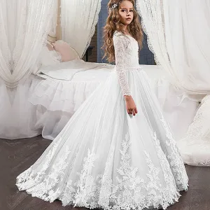 Elegant Lace Long Sleeves Flower Girl Dress With Court Train