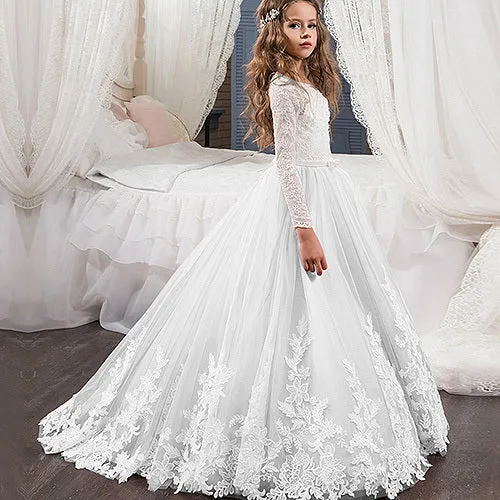 Elegant Lace Long Sleeves Flower Girl Dress With Court Train