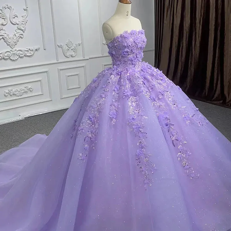 Elegant Party Princess Dress Pearls Strapless Evening Gown Appliques Ball Gown
