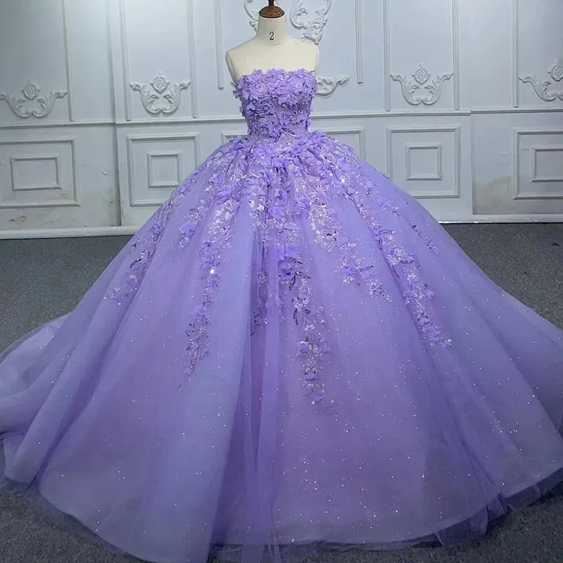 Elegant Party Princess Dress Pearls Strapless Evening Gown Appliques Ball Gown