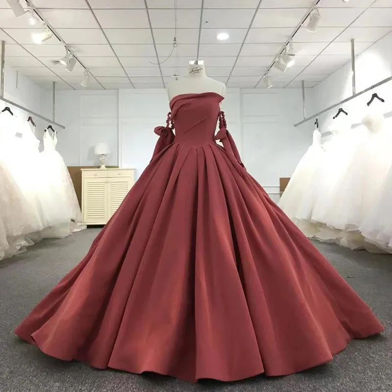 Elegant Strapless Bow Ball Gown Satin Pleat Formal Evening Party Dress