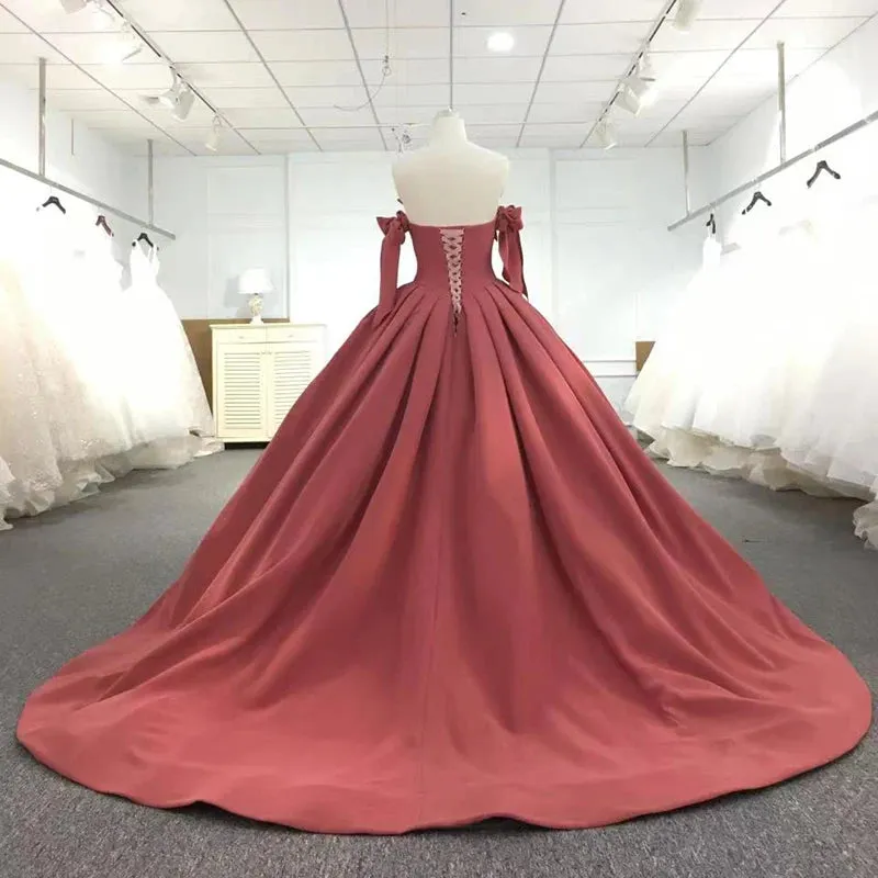 Elegant Strapless Bow Ball Gown Satin Pleat Formal Evening Party Dress
