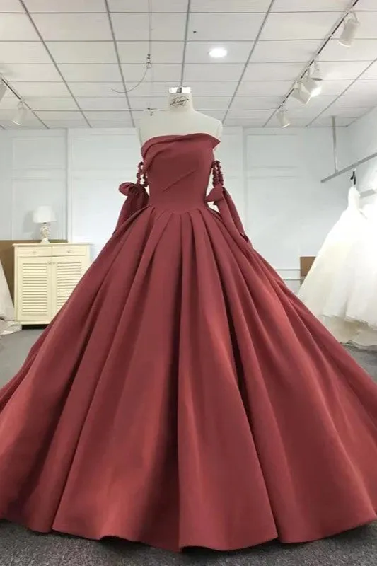 Elegant Strapless Bow Ball Gown Satin Pleat Formal Evening Party Dress
