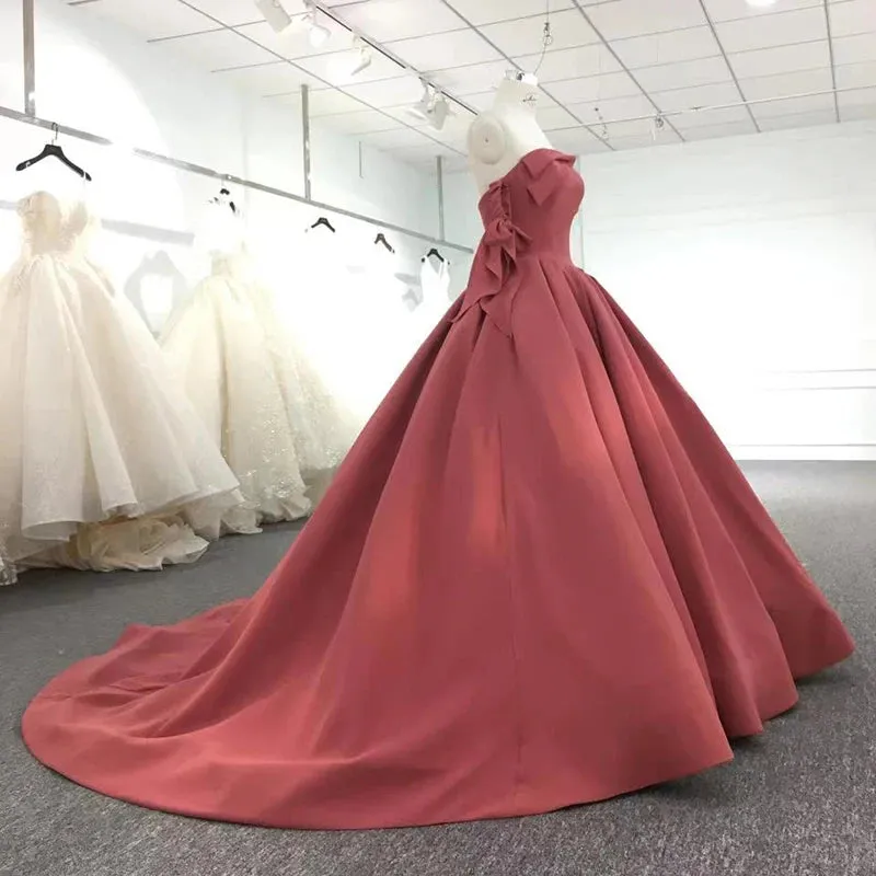 Elegant Strapless Bow Ball Gown Satin Pleat Formal Evening Party Dress