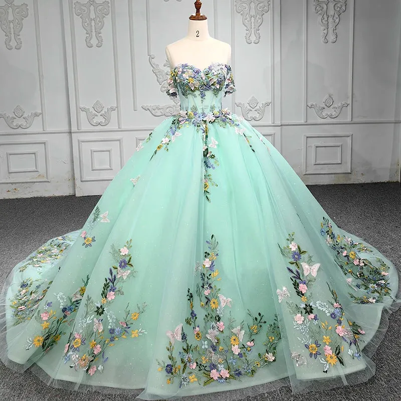Elegant Sweetheart Ball Gown Strapless Sleeveless Quinceanera Dresses with Flower Appliques
