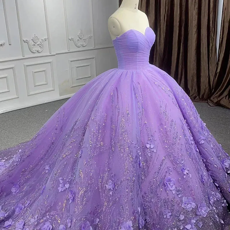Elegant Sweetheart Sweep Train Prom Dresses Pleated Appliques Ball Gown