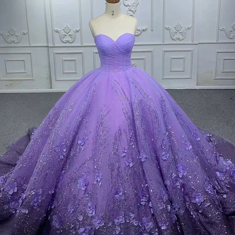 Elegant Sweetheart Sweep Train Prom Dresses Pleated Appliques Ball Gown