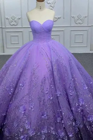 Elegant Sweetheart Sweep Train Prom Dresses Pleated Appliques Ball Gown