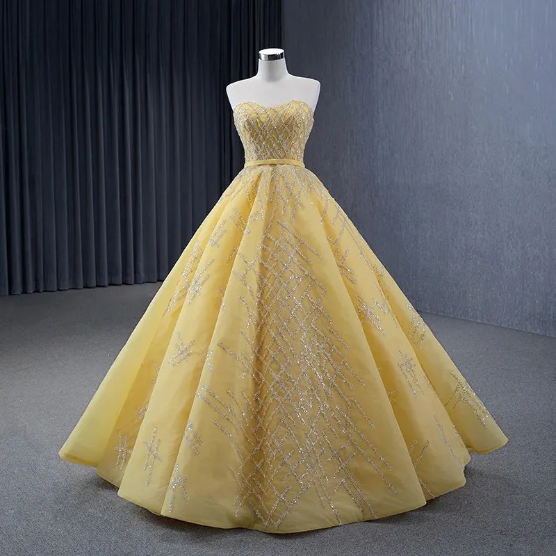Elegant Yellow Strapless Sequins Ball Gown Lace Up Pleated Evening Dress