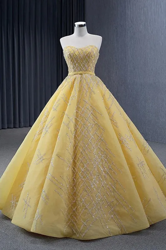 Elegant Yellow Strapless Sequins Ball Gown Lace Up Pleated Evening Dress