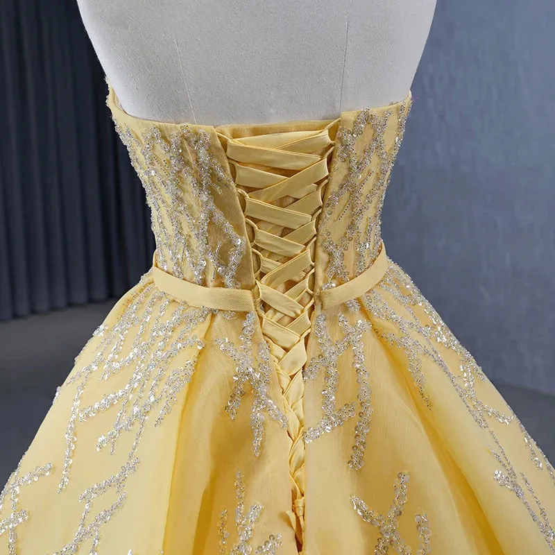Elegant Yellow Strapless Sequins Ball Gown Lace Up Pleated Evening Dress