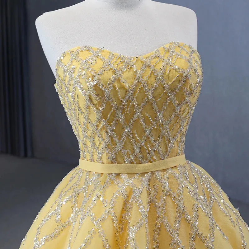 Elegant Yellow Strapless Sequins Ball Gown Lace Up Pleated Evening Dress