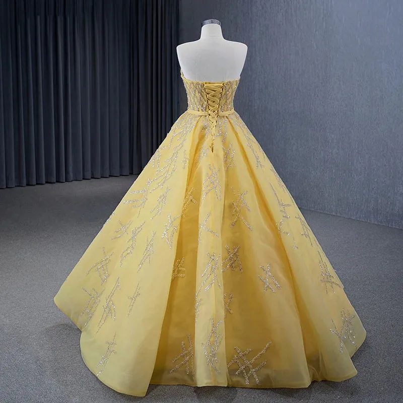 Elegant Yellow Strapless Sequins Ball Gown Lace Up Pleated Evening Dress