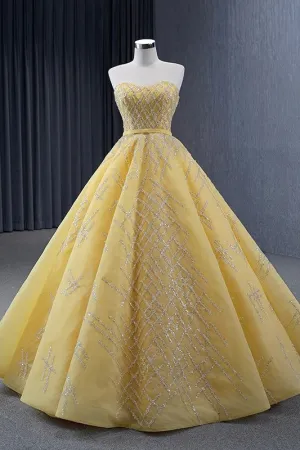 Elegant Yellow Strapless Sequins Ball Gown Lace Up Pleated Evening Dress