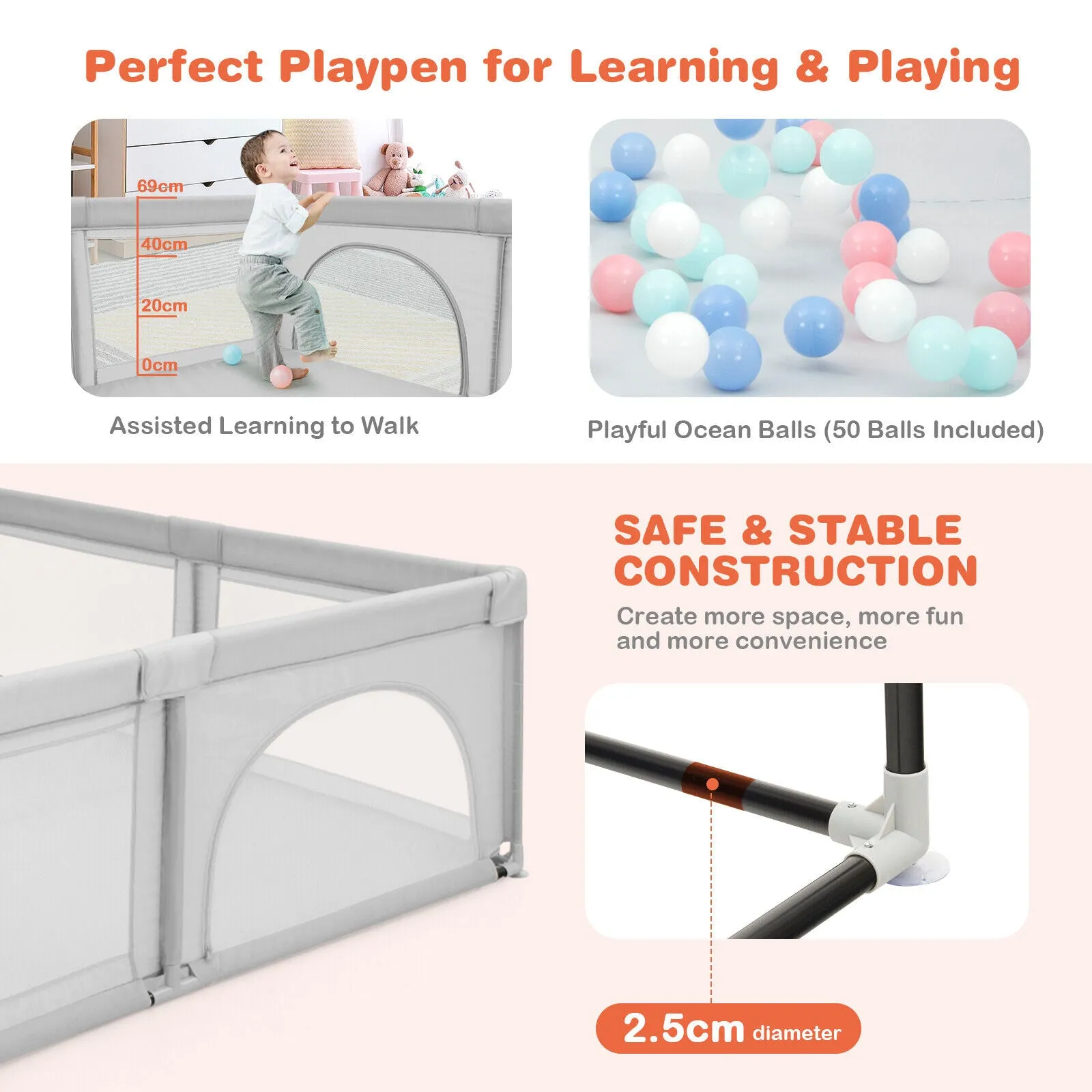 Extra Large Baby Playpen and Ball Pool with 50 Balls | Breathable Mesh Fabric |  2.07m x 1.87m  | Soft Grey