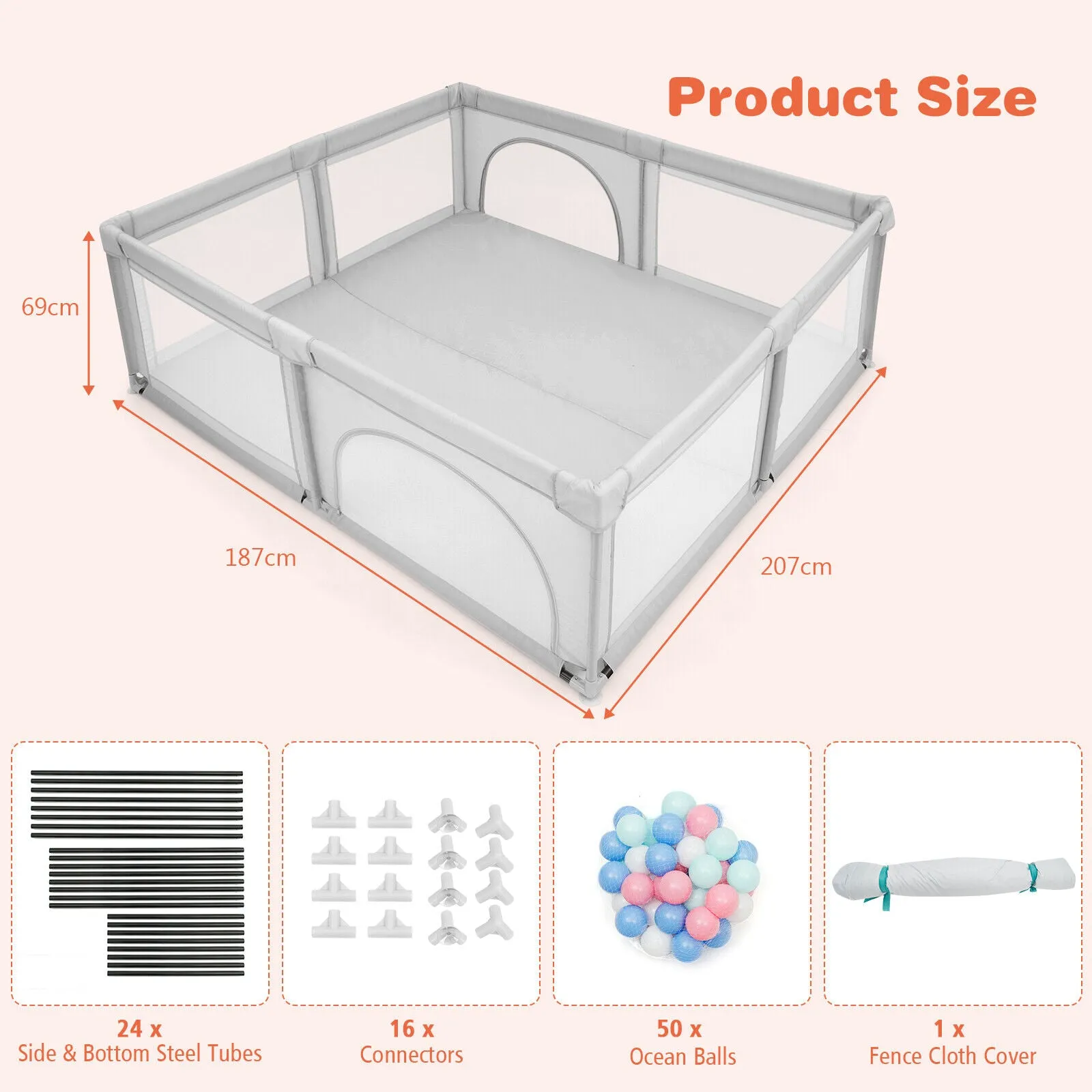 Extra Large Baby Playpen and Ball Pool with 50 Balls | Breathable Mesh Fabric |  2.07m x 1.87m  | Soft Grey