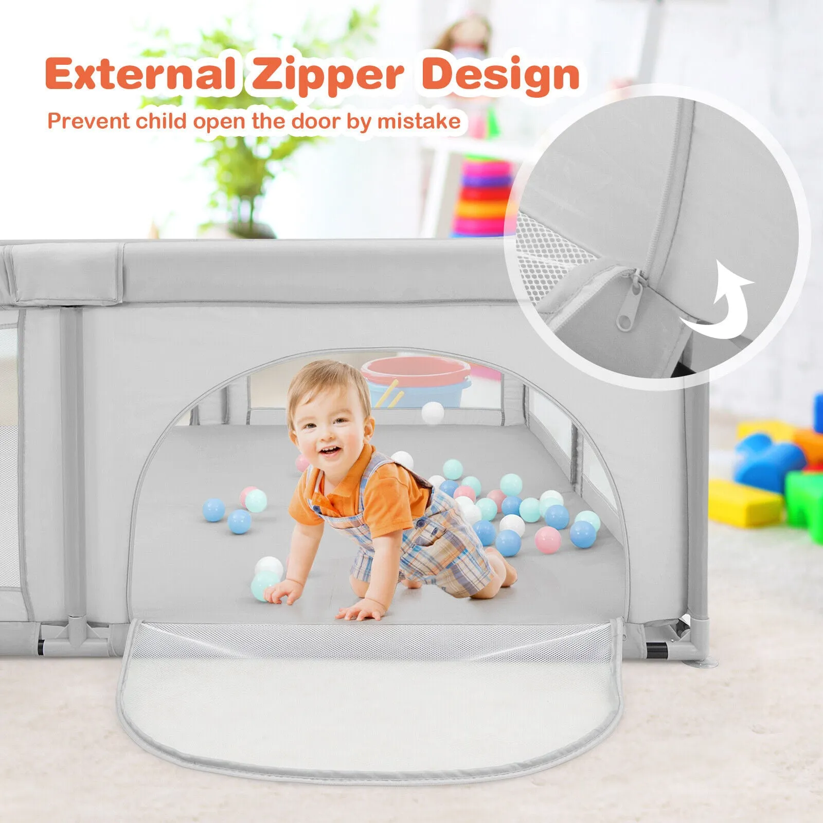 Extra Large Baby Playpen and Ball Pool with 50 Balls | Breathable Mesh Fabric |  2.07m x 1.87m  | Soft Grey