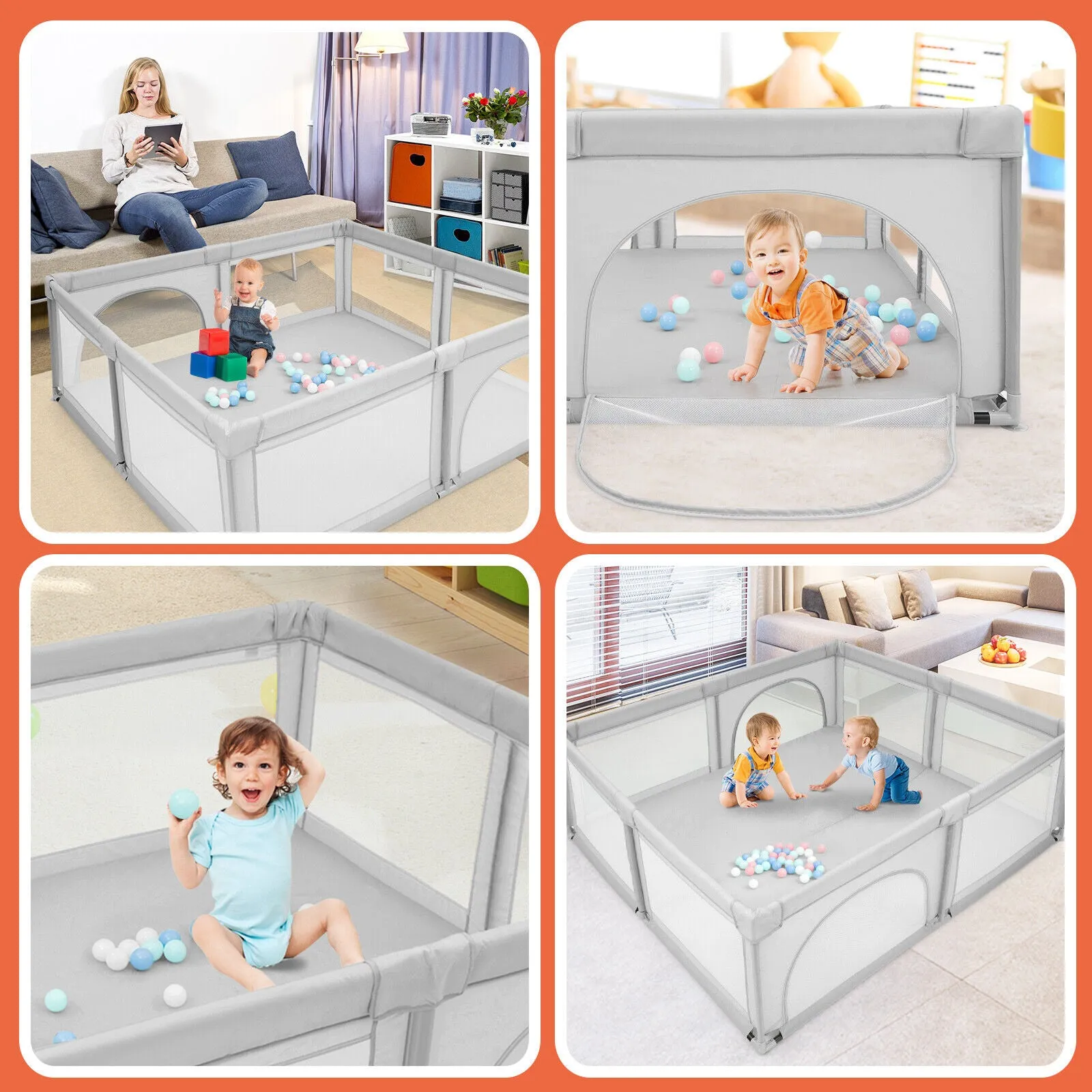Extra Large Baby Playpen and Ball Pool with 50 Balls | Breathable Mesh Fabric |  2.07m x 1.87m  | Soft Grey