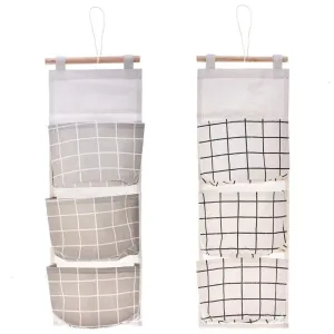 Gaiatop Hanging Storage, 2 Packs Linen Cotton Fabric Wall Door Closet Hanging Organizer Bags with 3 Pockets for Living Room Bedroom Bathroom White Grey