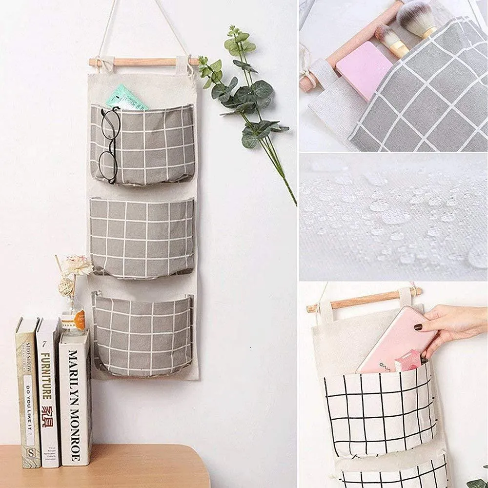 Gaiatop Hanging Storage, 2 Packs Linen Cotton Fabric Wall Door Closet Hanging Organizer Bags with 3 Pockets for Living Room Bedroom Bathroom White Grey