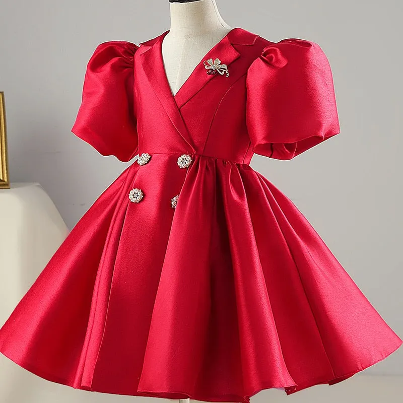 Girls Elegant Vintage Ball Princess Tulle Dress - Red