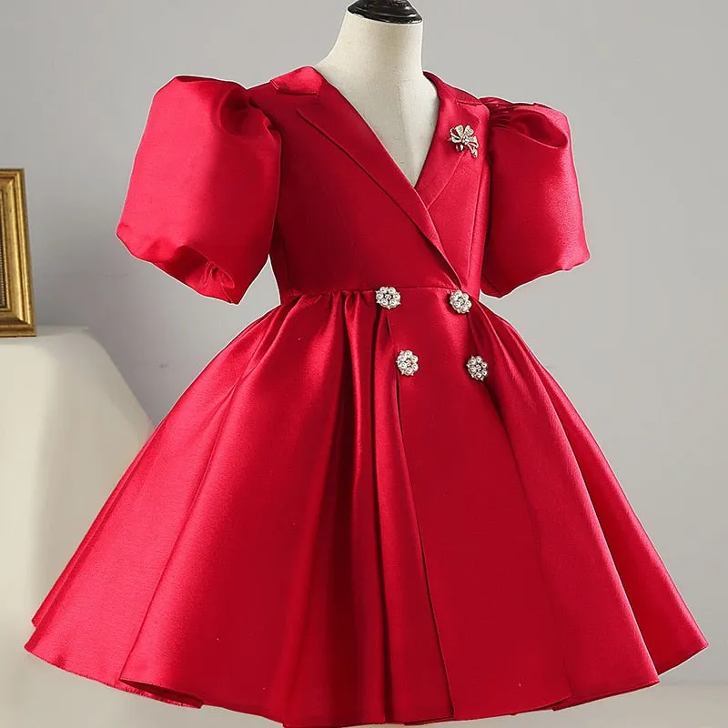Girls Elegant Vintage Ball Princess Tulle Dress - Red